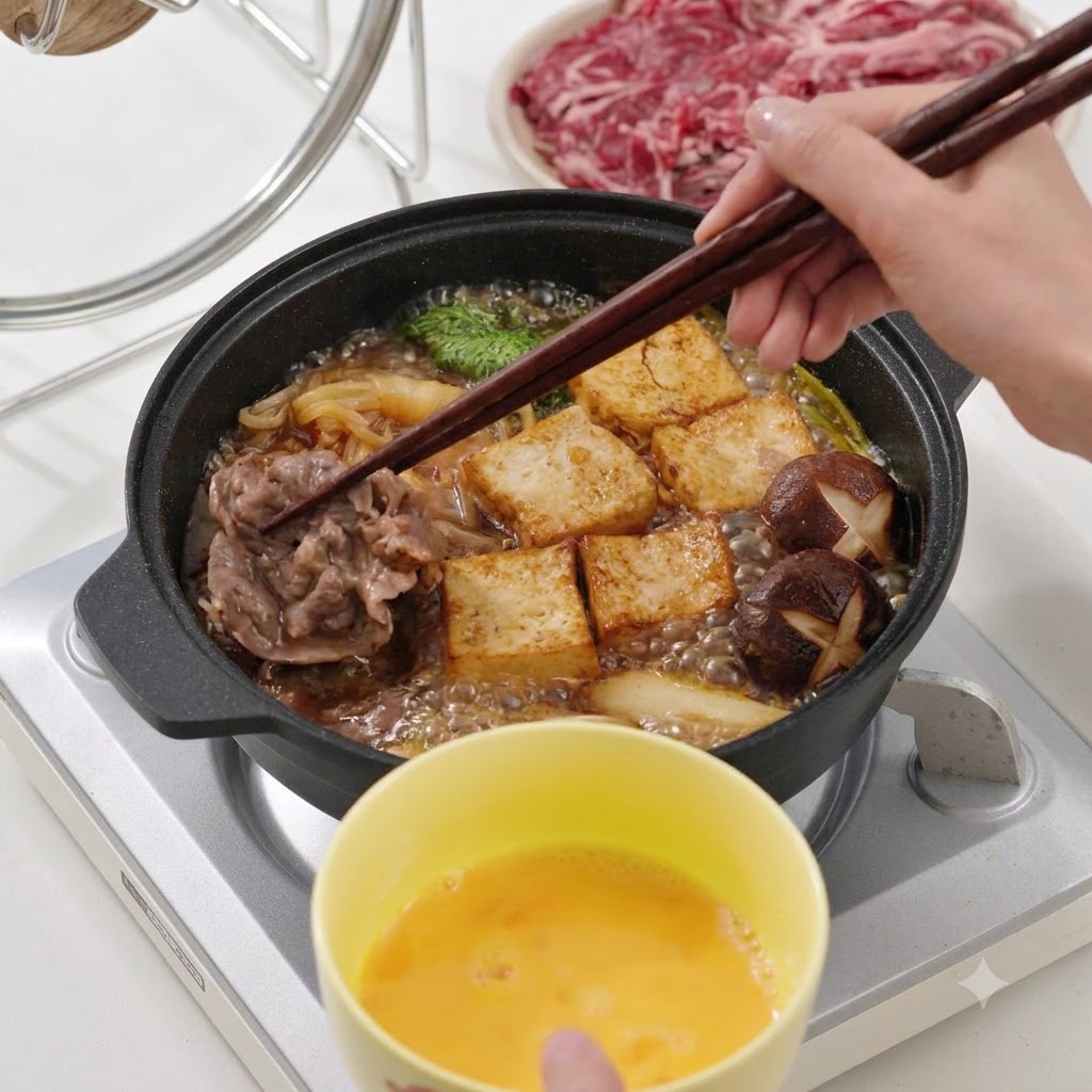 Stäbchen halten ein Stück gekochtes Rindfleisch über einen simmering Topf mit einer Schüssel verquirltem Ei darunter.