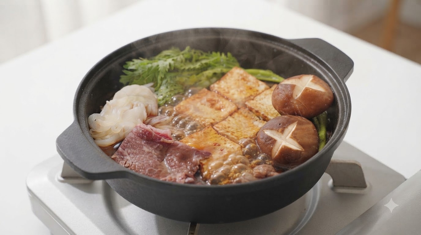 Ein simmering Topf gefüllt mit zartem Rindfleisch, Tofu, Shiitake-Pilzen und frischem Gemüse für echtes Sukiyaki.