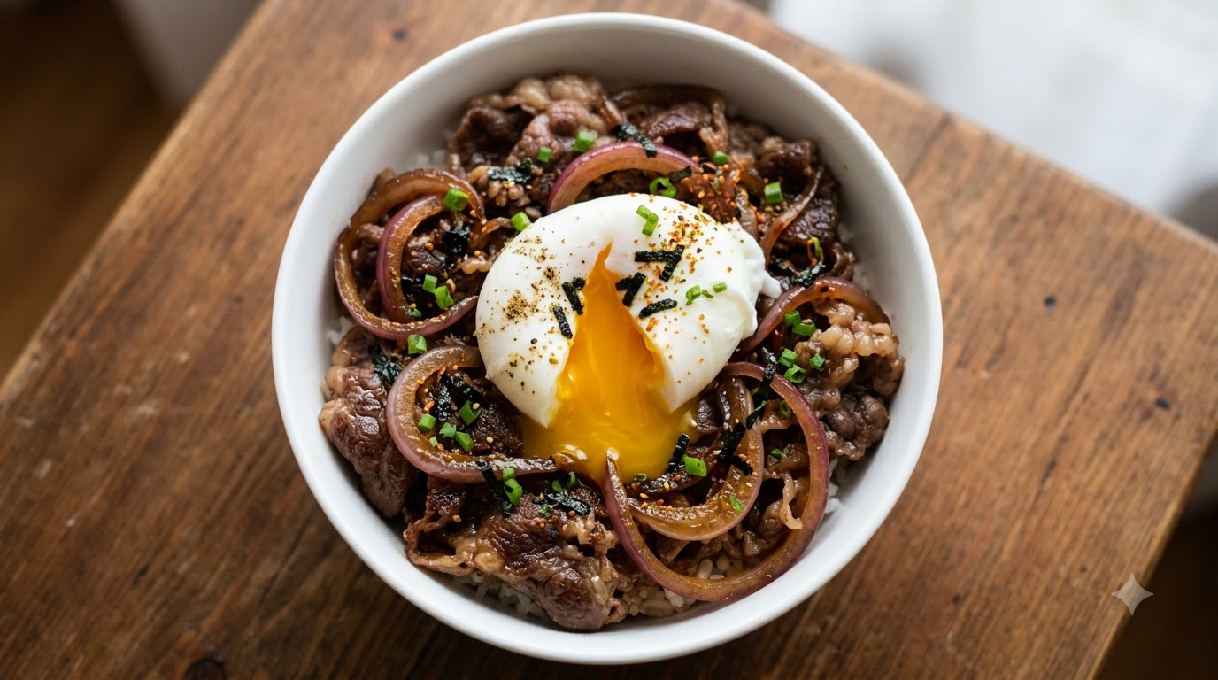 Herzhafte Sukiyaki-Rinder-Reisschüssel (Gyudon)