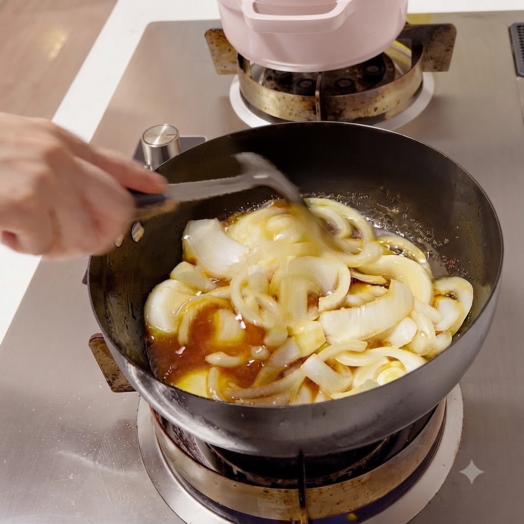 Flüssige Würze und Sauce werden über in einem schwarzen Wok befindliche Zwiebelscheiben gegossen.