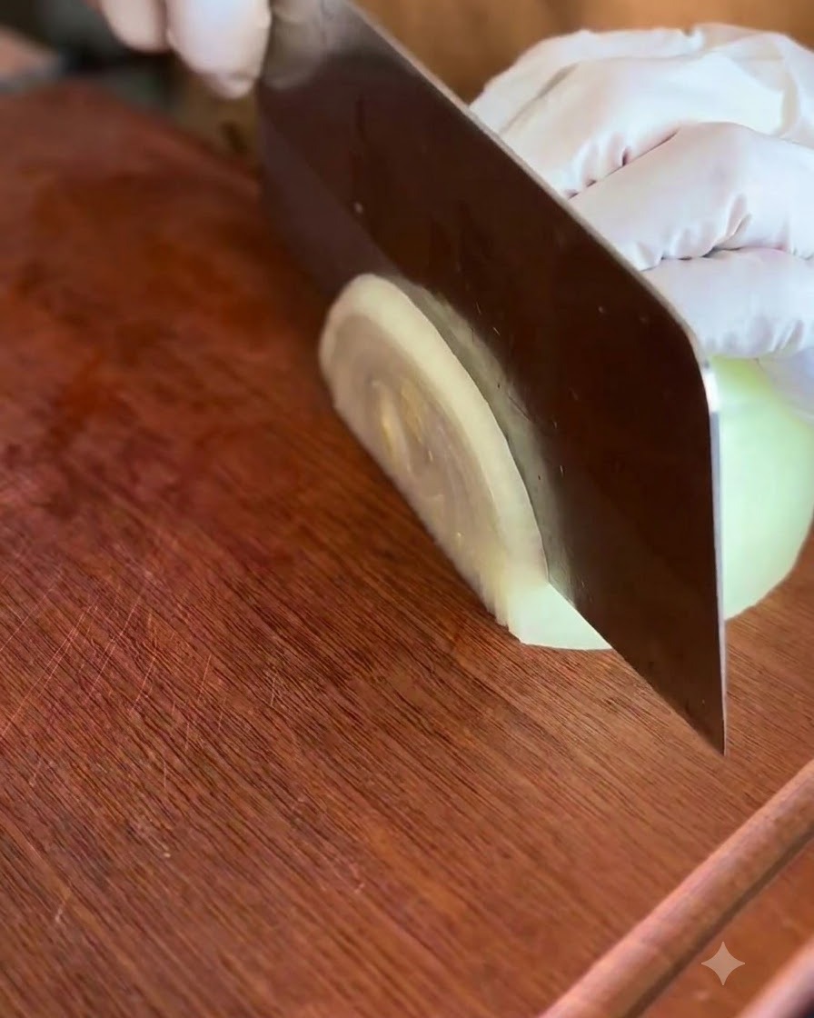 Eine Zwiebelhälfte wird mit einem Messer auf einem Holzschneidebrett in dünne Streifen geschnitten.