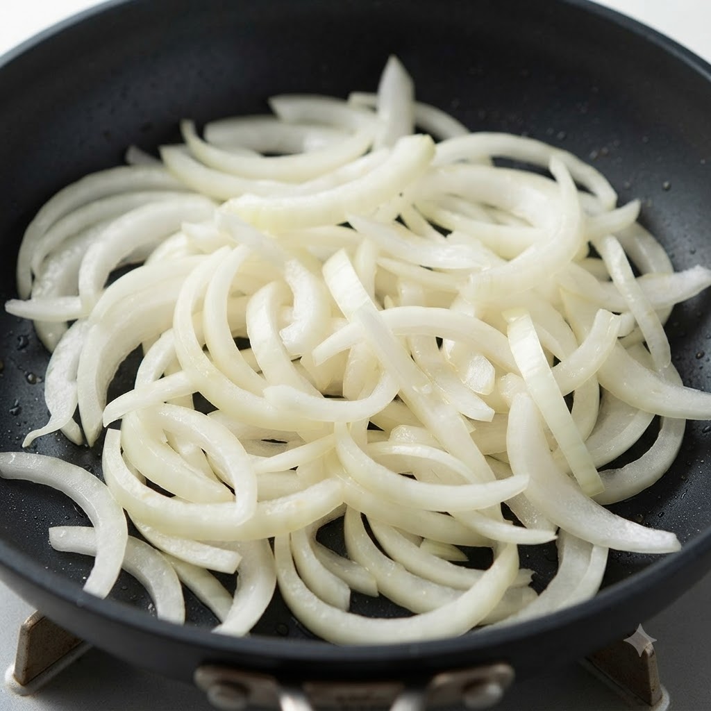 In einer schwarzen Pfanne werden in Öl geschnittene weiße Zwiebeln gekocht.