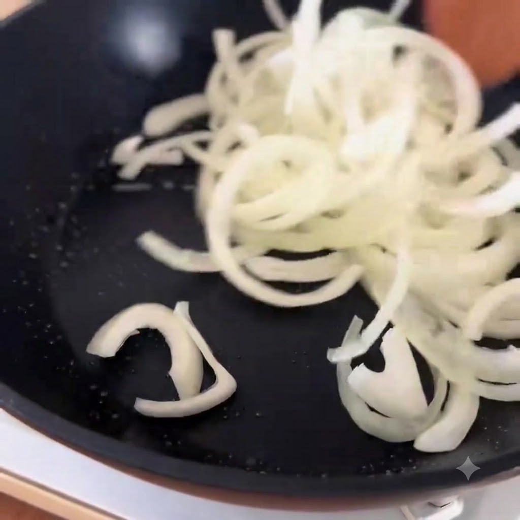 Blanchierte Rindfleischstreifen werden in einer Pfanne über die gebratenen Zwiebeln gegeben.
