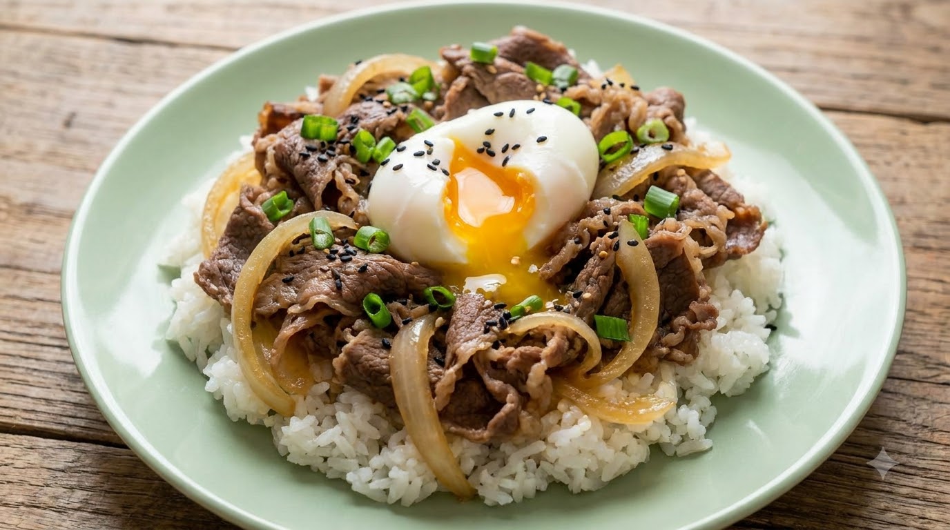 Eine fertige Yoshinoya Rindfleisch-Reisschüssel mit zarten Rindfleischstreifen, weichen Zwiebeln, Frühlingszwiebeln, Sesam und einem weichgekochten Ei auf weißem Reis