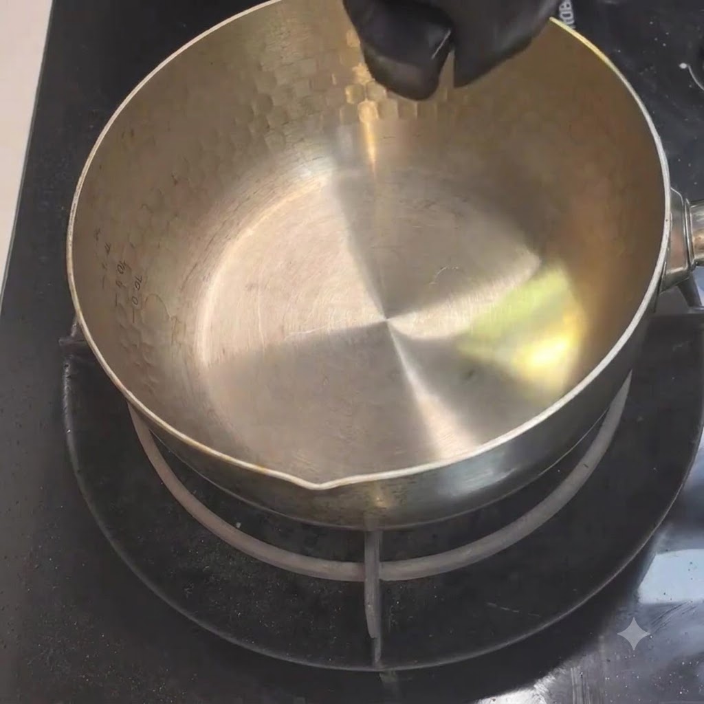 Speiseöl wird aus einem kleinen Behälter in einen erhitzten Metalltopf auf dem Herd gegossen.