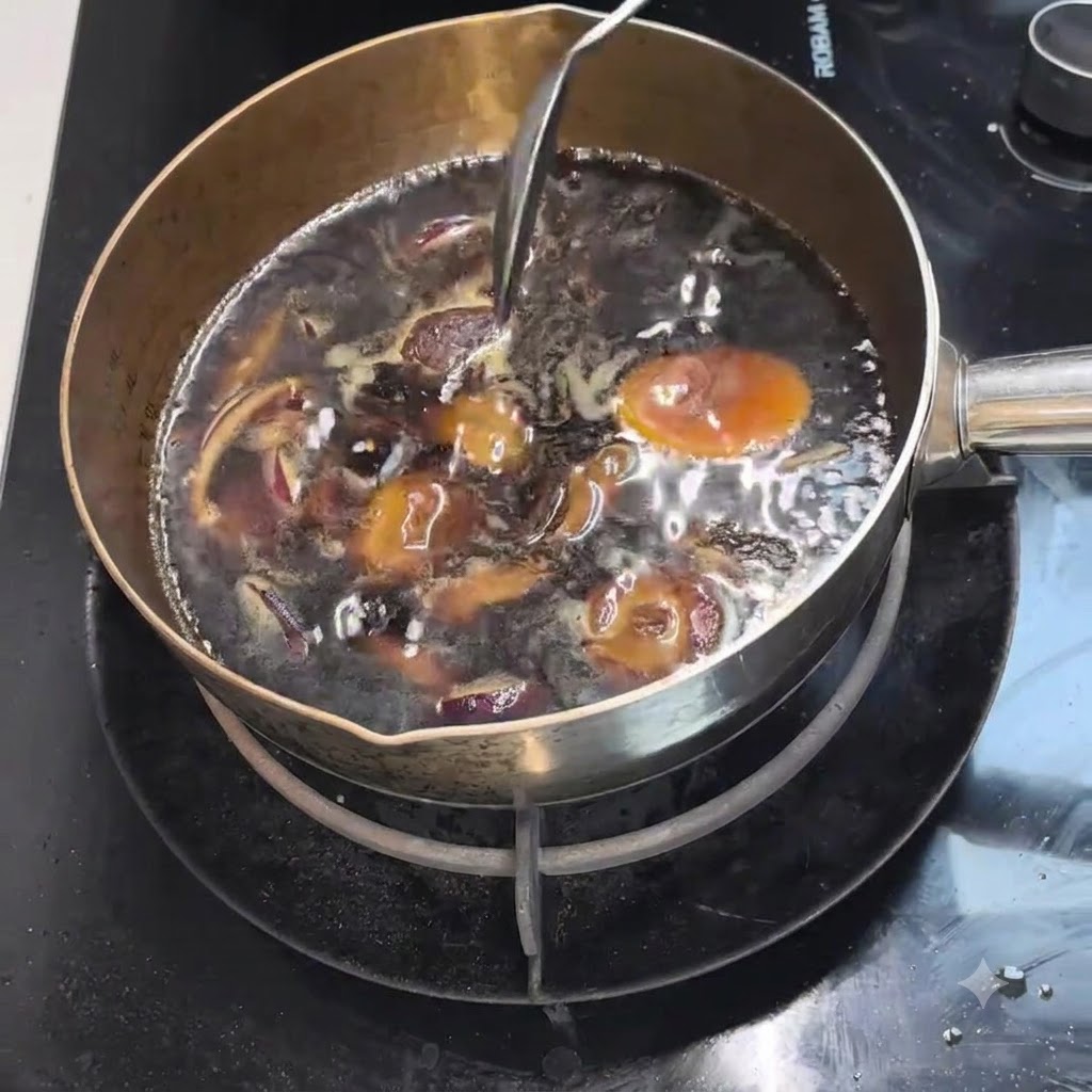 Apfelscheiben und dunkler Seetang köcheln in der dunklen Brühe im Topf.
