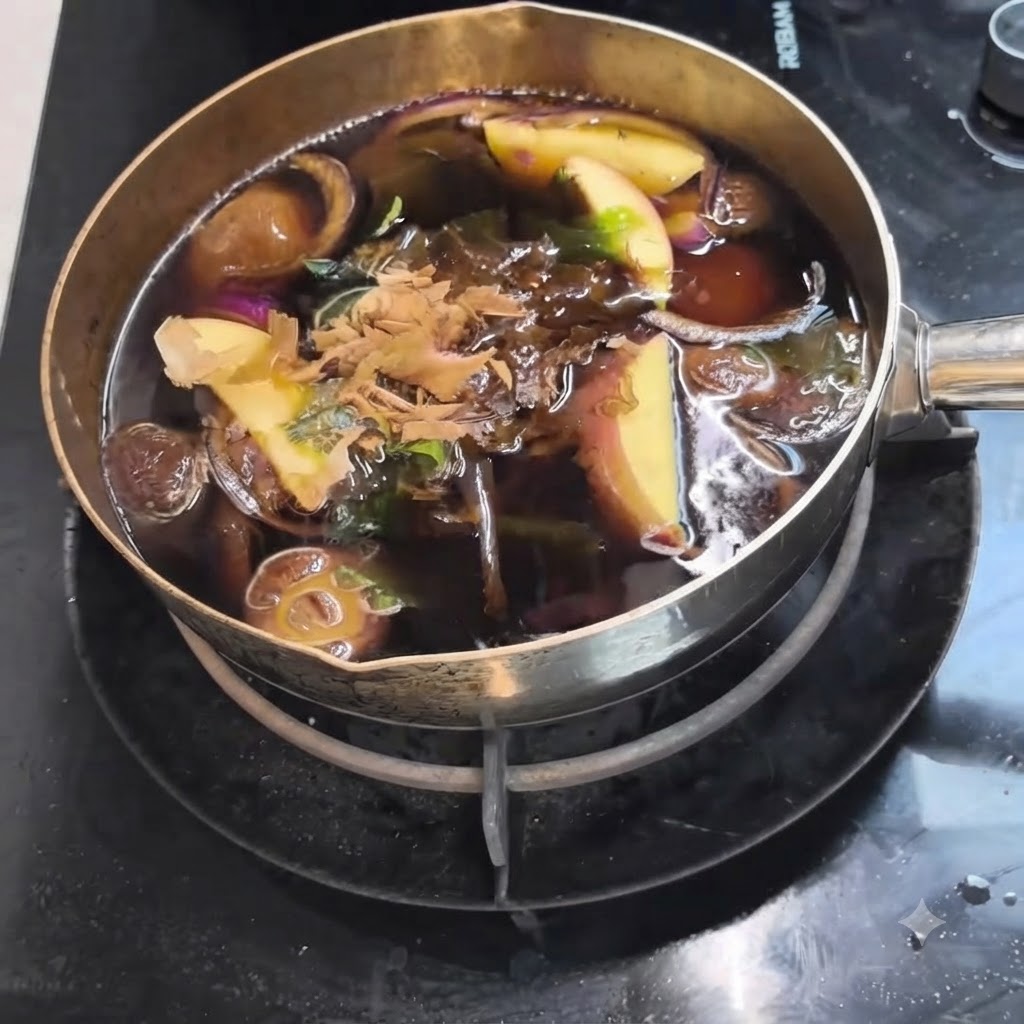 Bonitoflocken werden auf die Oberfläche der köchelnden Suppenbrühe mit Äpfeln und Pilzen gestreut.