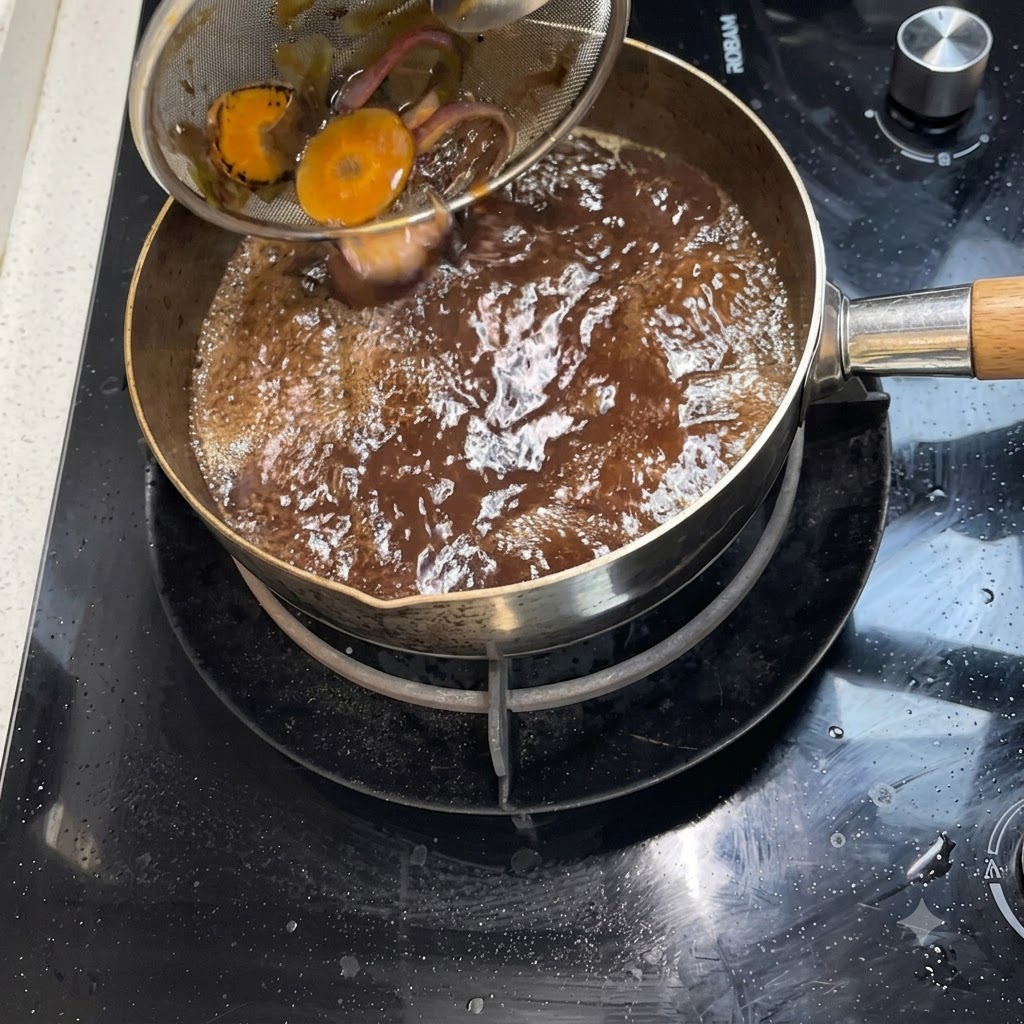 Ein Sieb fängt gekochte Gemüsestücke ab, während dunkle Sukiyaki-Sauce in einen Topf gegossen wird.