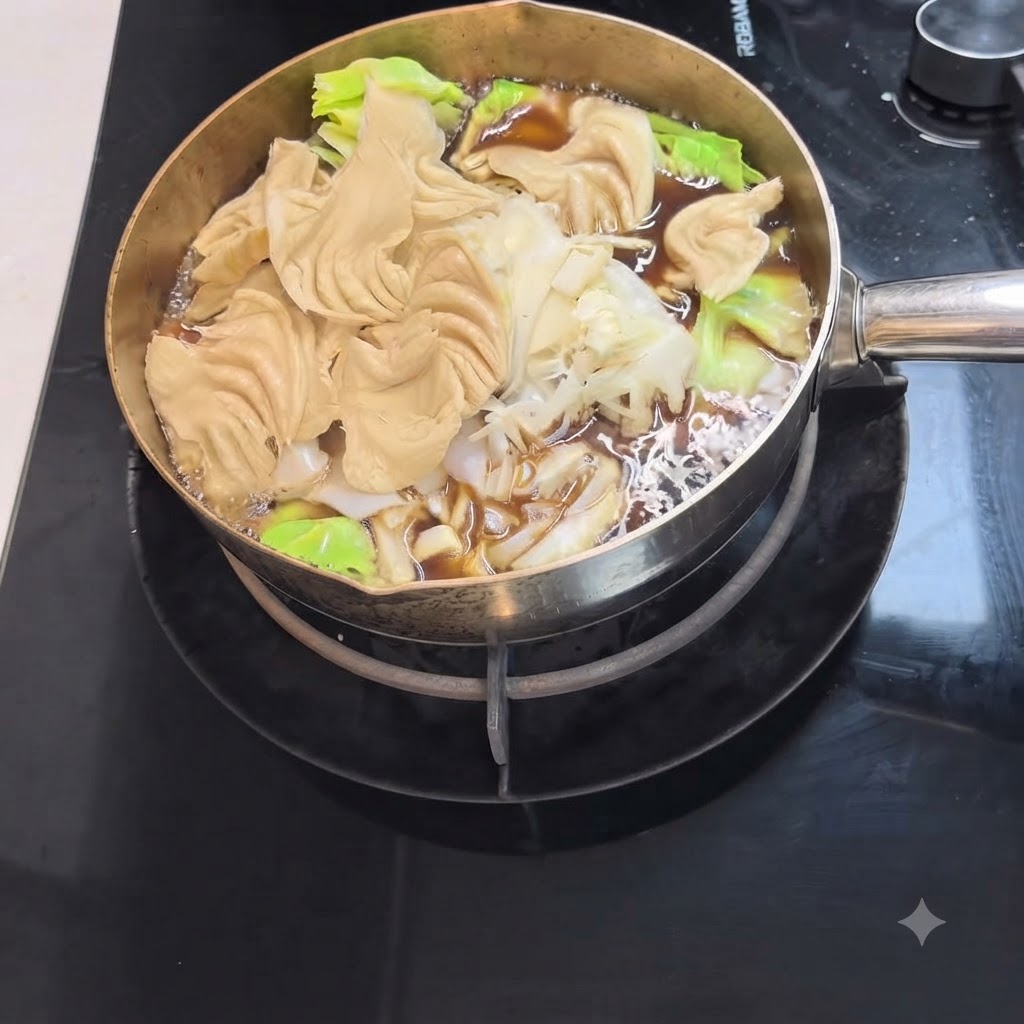 Udon-Nudeln und frisches Blattgemüse köcheln in einem Topf mit dunkler Sukiyaki-Brühe.