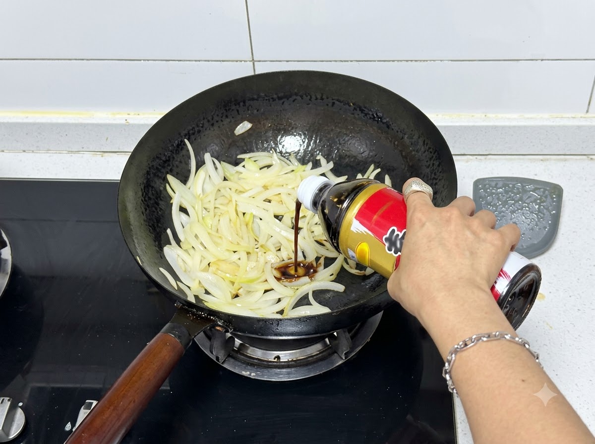 Sukiyaki-Soße wird aus einer Flasche in einen Wok voller angebratener Zwiebeln gedrückt.