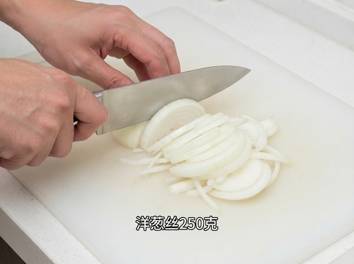 Eine Zwiebel wird auf einem weißen Schneidebrett mit einem professionellen Kochmesser in dünne Streifen geschnitten.