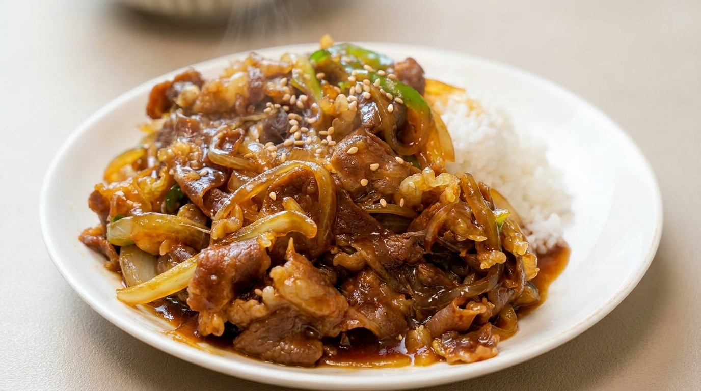 Herzhafte Rinder-Sukiyaki-Reisschüssel (Gyudon)