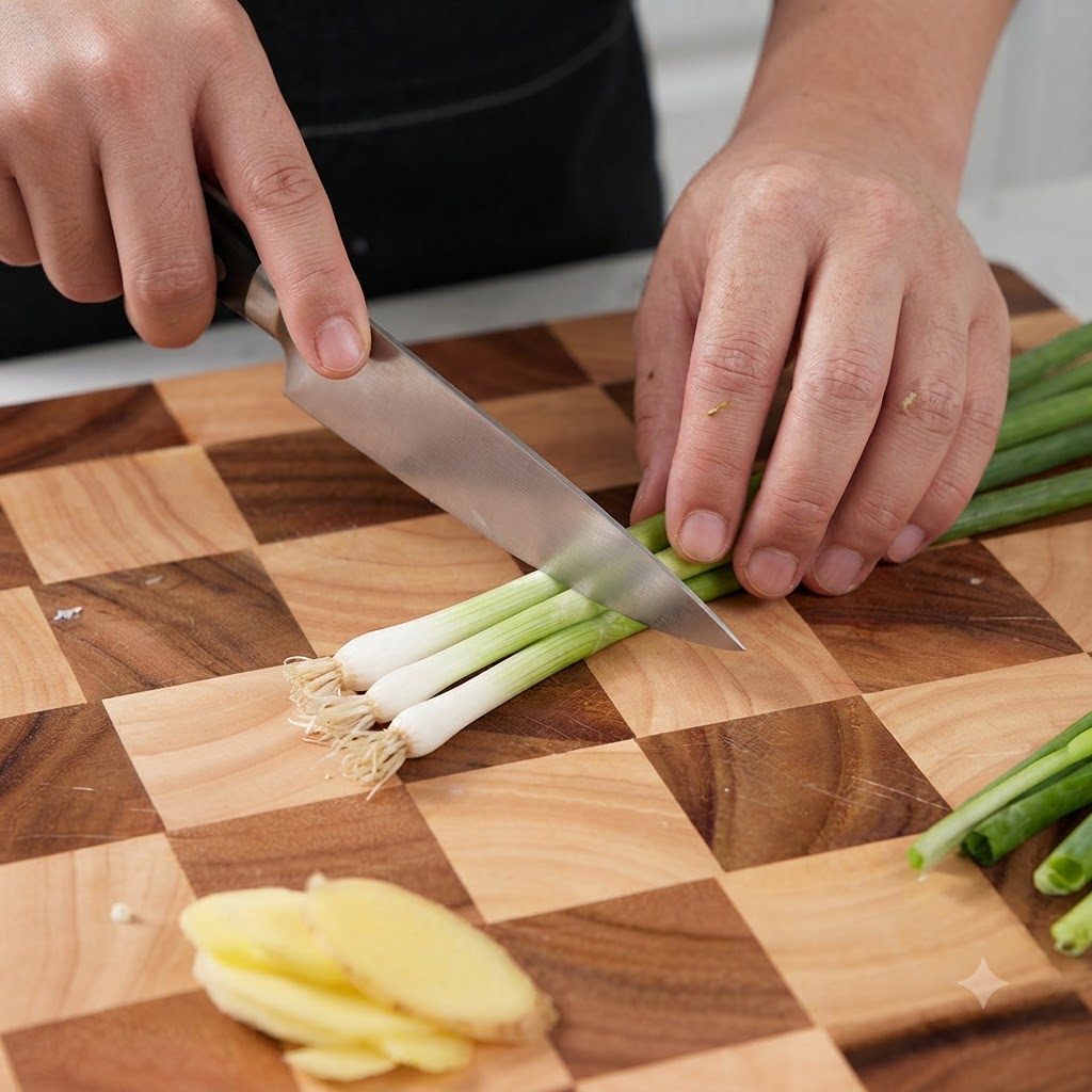 Frühlingszwiebeln werden auf einem Holzschneidebrett ordentlich in kleine Stücke geschnitten.