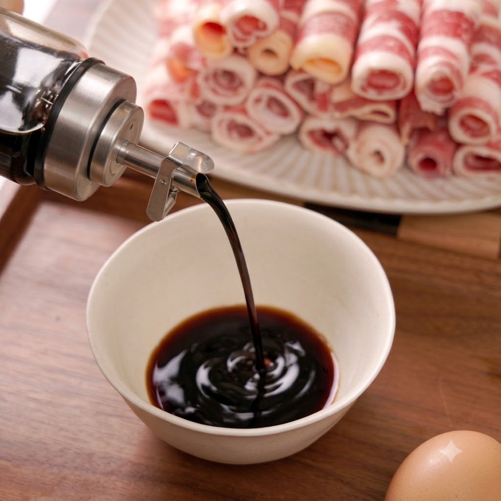 Dunkle Sauce wird in die Schüssel gegossen, um sich mit den vorherigen Zutaten zu verbinden.