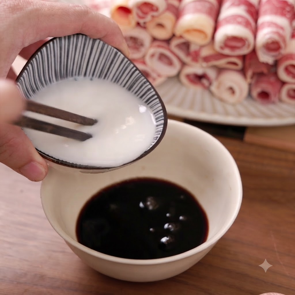 Eine kleine Schüssel mit dunkler Sauce wird mit Holzstäbchen mit weißem Stärkewasser vermischt.