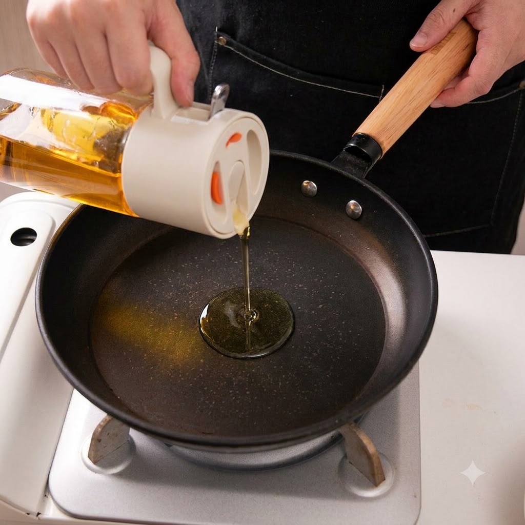 Speiseöl wird aus einem Glaspender in eine heiße Pfanne gegossen.