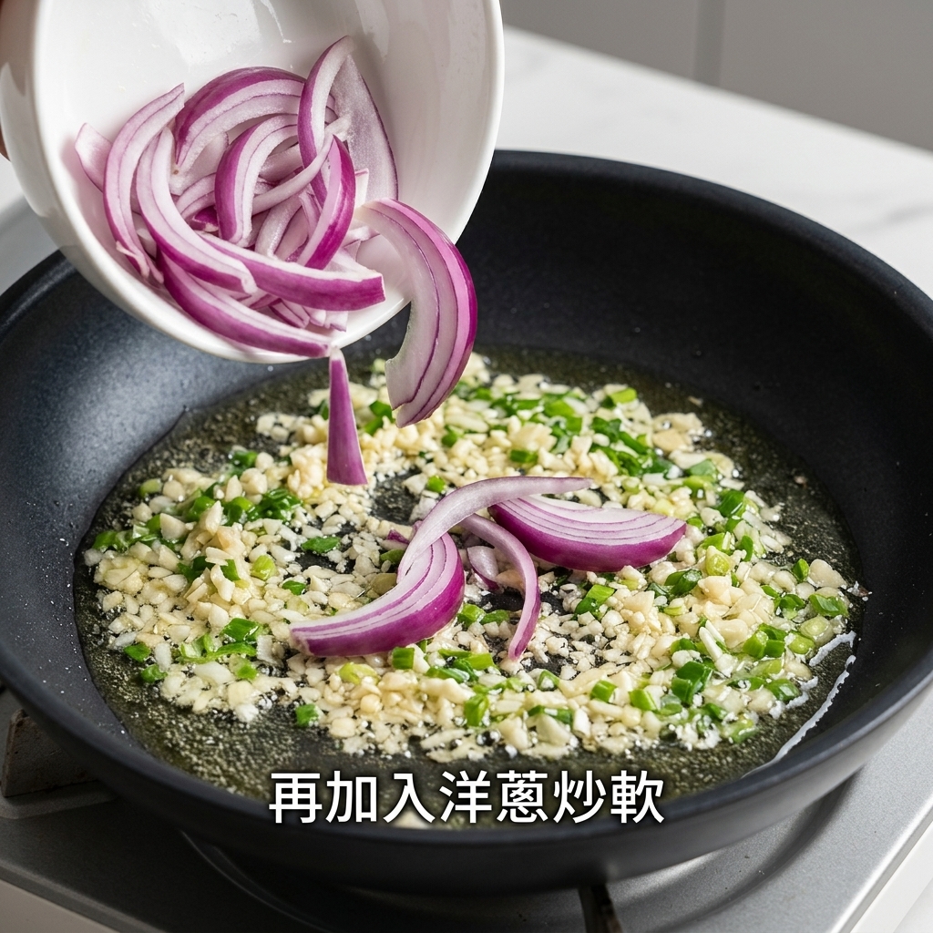 In Scheiben geschnittene rote Zwiebeln werden aus einer Schüssel in eine Pfanne mit angebratenem Knoblauch und Frühlingszwiebeln gegeben.