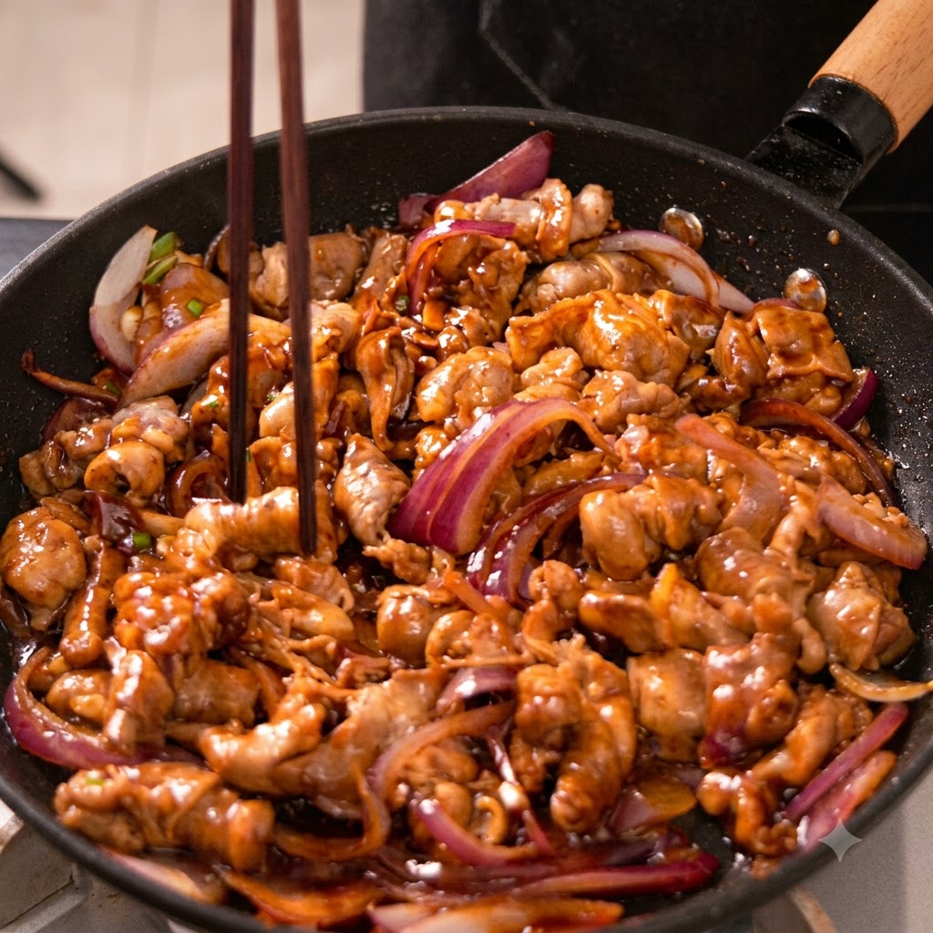 Rinder- und rote Zwiebelscheiben werden mit Stäbchen über hoher Flamme schnell in einer Pfanne angebraten.