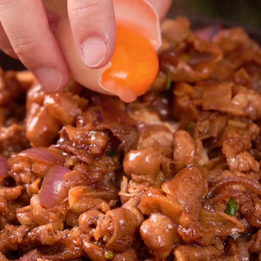 Ein frisches Eigelb wird sanft aus einer geknackten Schale auf ein Bett aus gekochtem Teriyaki-Rindfleisch getropft.