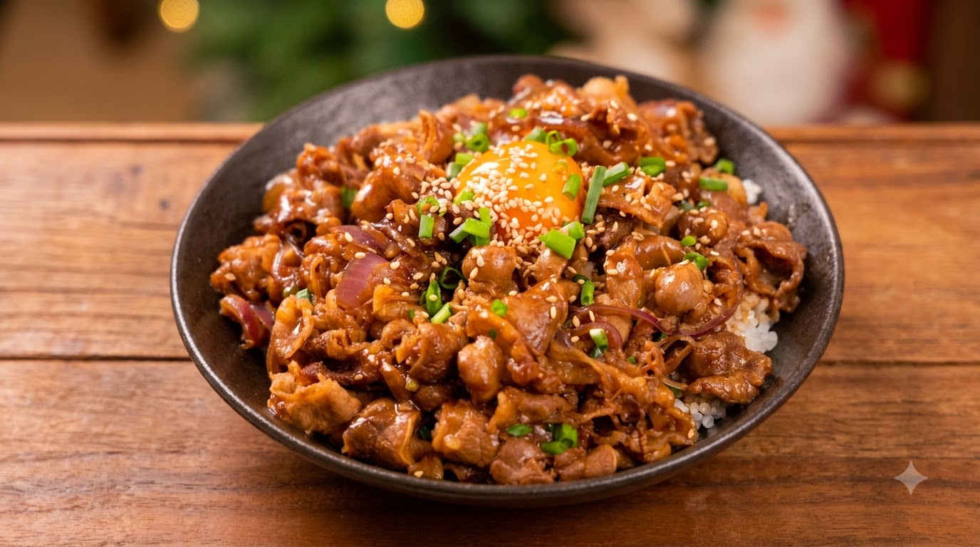 Beef Teriyaki Donburi gekrönt von einem rohen Eigelb und Sesamsamen, garniert mit frischen Frühlingszwiebeln