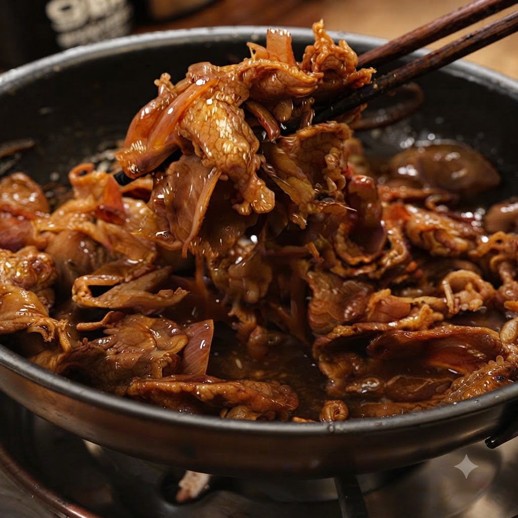 Ein Paar Stäbchen hebt eine Portion gekochtes Teriyaki-Rindfleisch und Zwiebeln aus einer Pfanne.