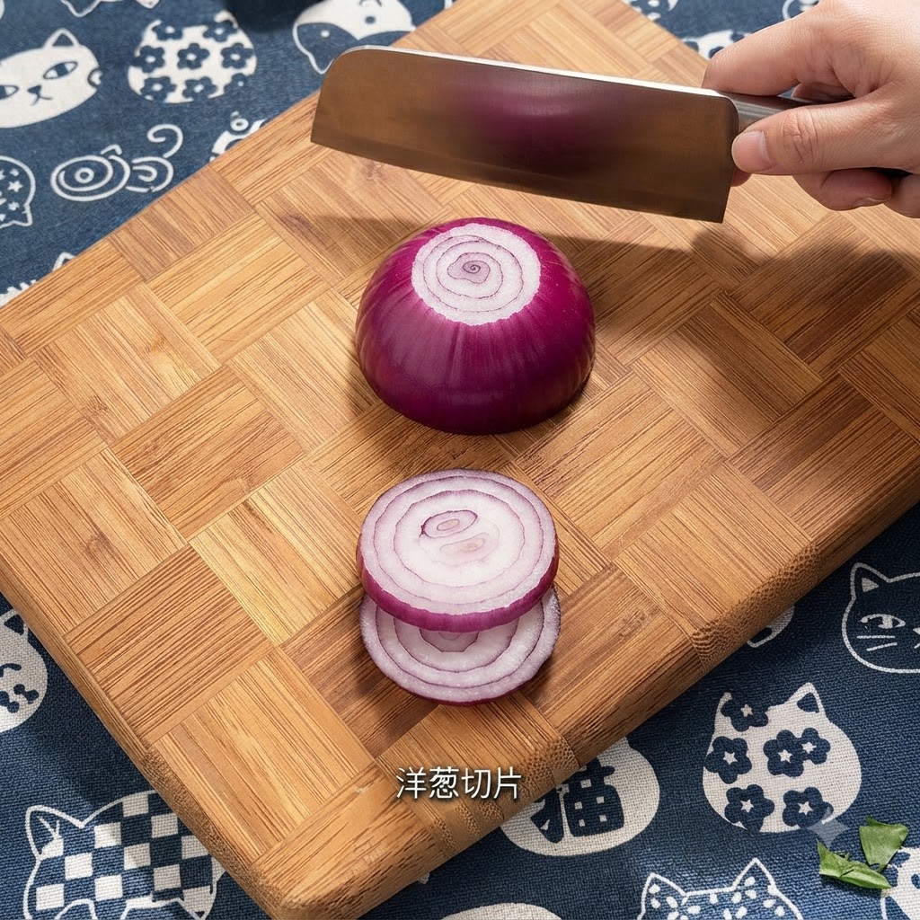 Eine rote Zwiebel wird mit einem Beil auf einem Holzschneidebrett in Ringe geschnitten.