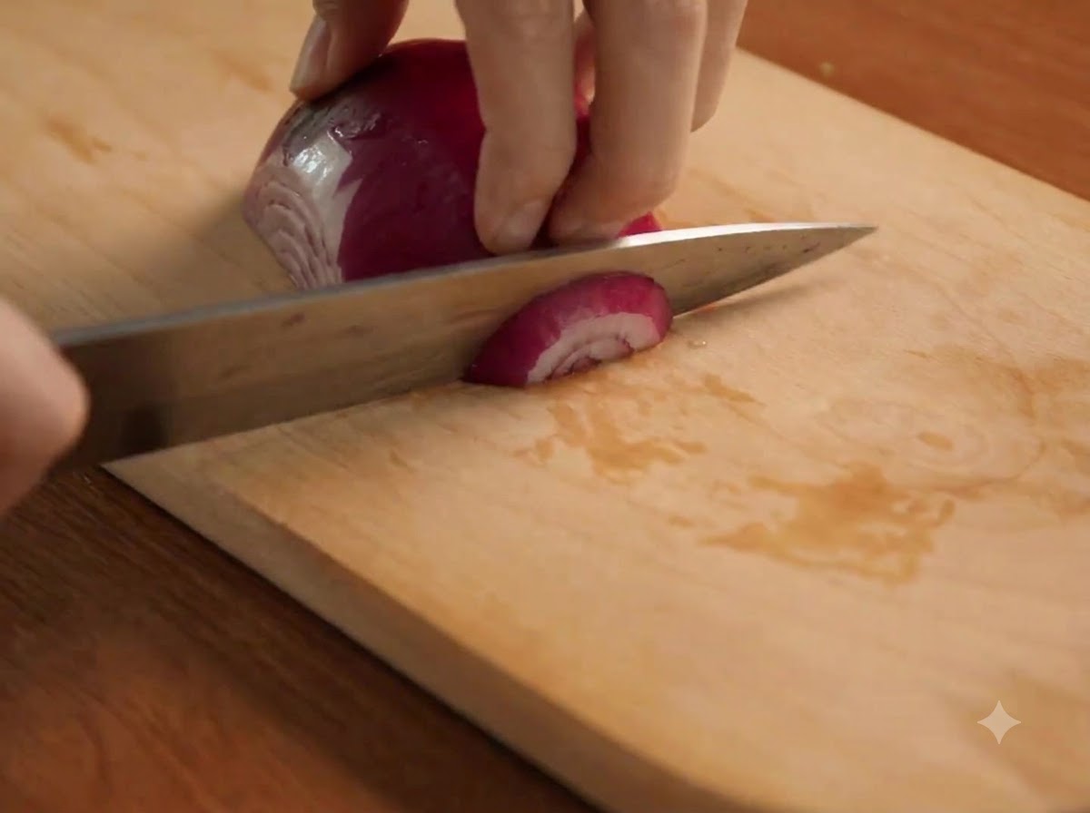 Eine rote Zwiebel wird mit einem Messer auf einem Holzbrett in dünne Scheiben geschnitten.