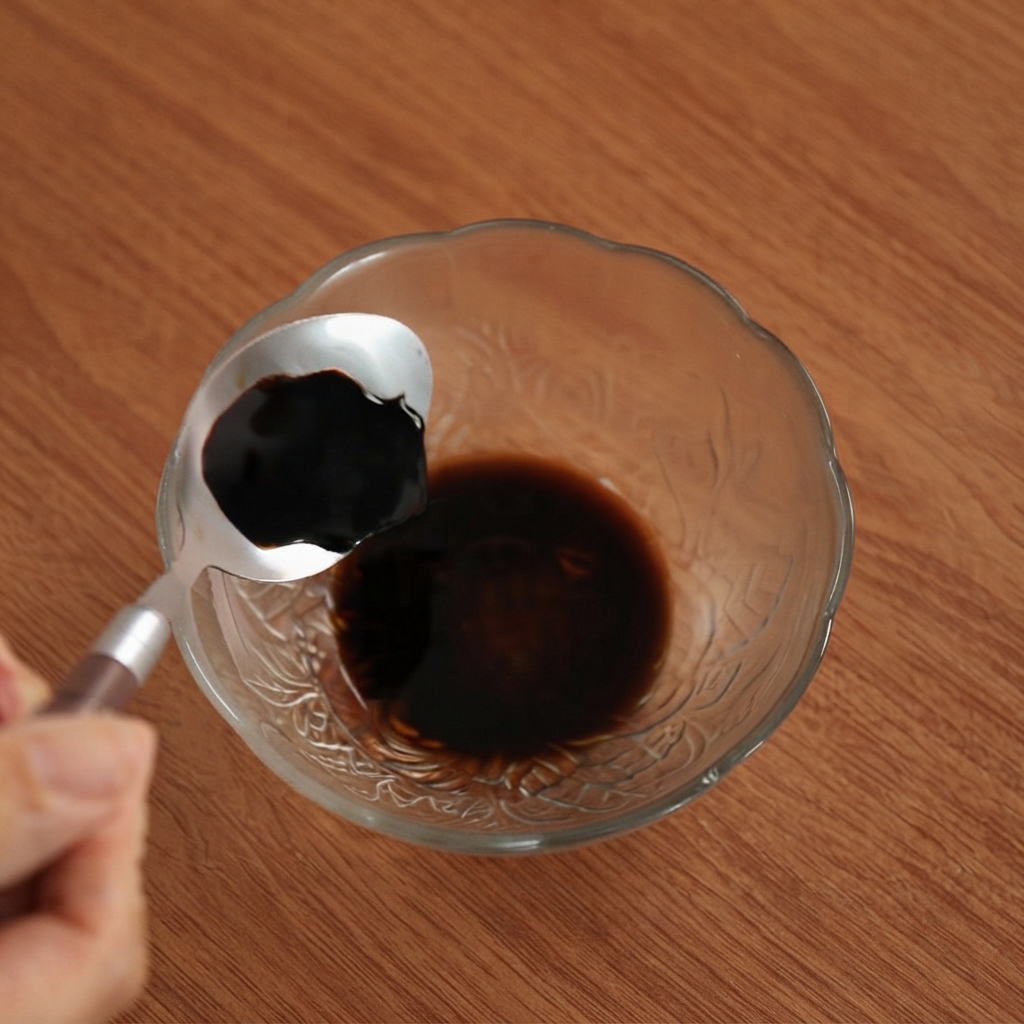 Ein Löffel dunkle Sojasauce wird in eine kleine Glasschüssel gegeben.