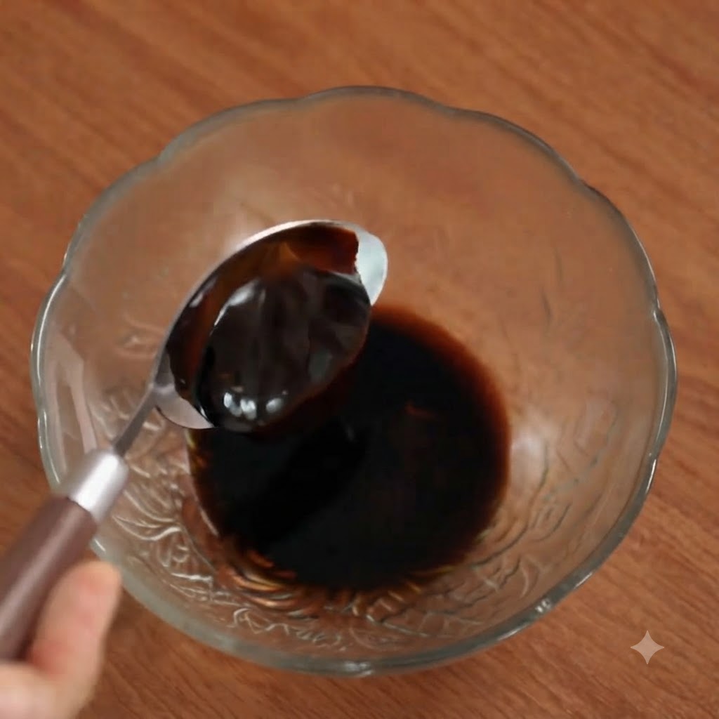 Dickflüssige Austernsauce wird mit einem Löffel in eine Glasschüssel mit Saucenzutaten gegeben.