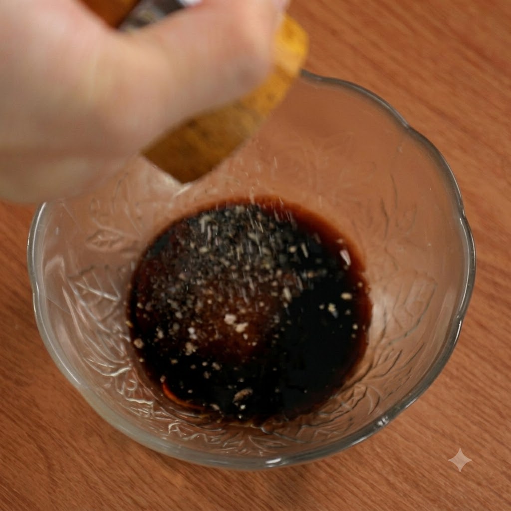 Schwarzer Pfeffer wird frisch über die Saucenmischung in einer Glasschüssel gemahlen.