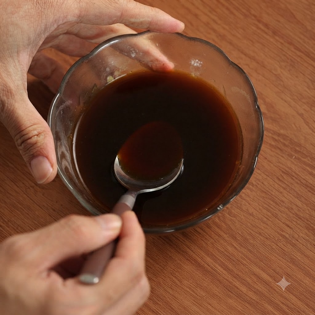 Eine Hand rührt die gemischte Teriyakisauce mit einem Löffel in einer Glasschüssel um.