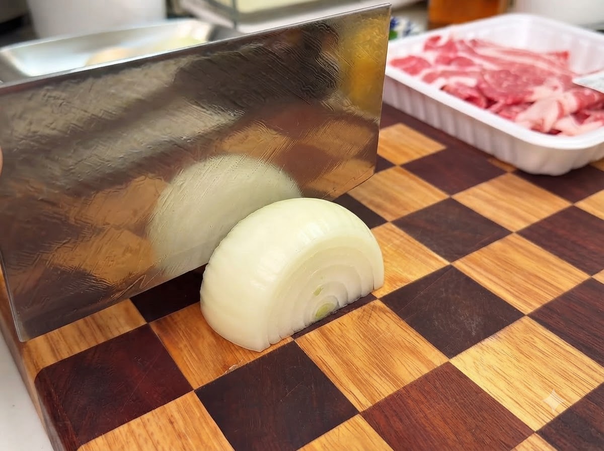 Eine halbe Zwiebel wird mit einem Küchenbeil auf einem Holzschneidebrett in dicke Streifen geschnitten.