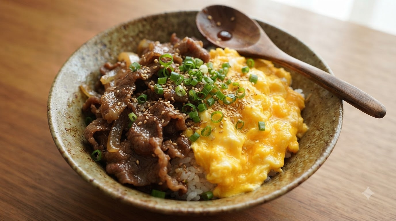 Teriyaki-Rindfleisch-Reisschüssel mit Rührei