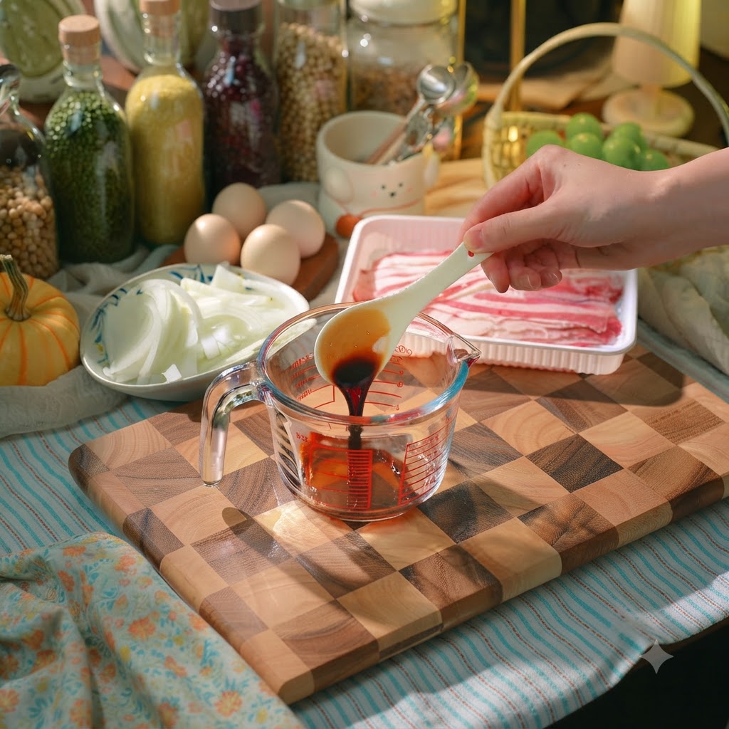 Dunkle Sojasauce wird von einem weißen Löffel in einen Glasmessbecher mit den restlichen Zutaten für die Teriyaki-Sauce gegossen.