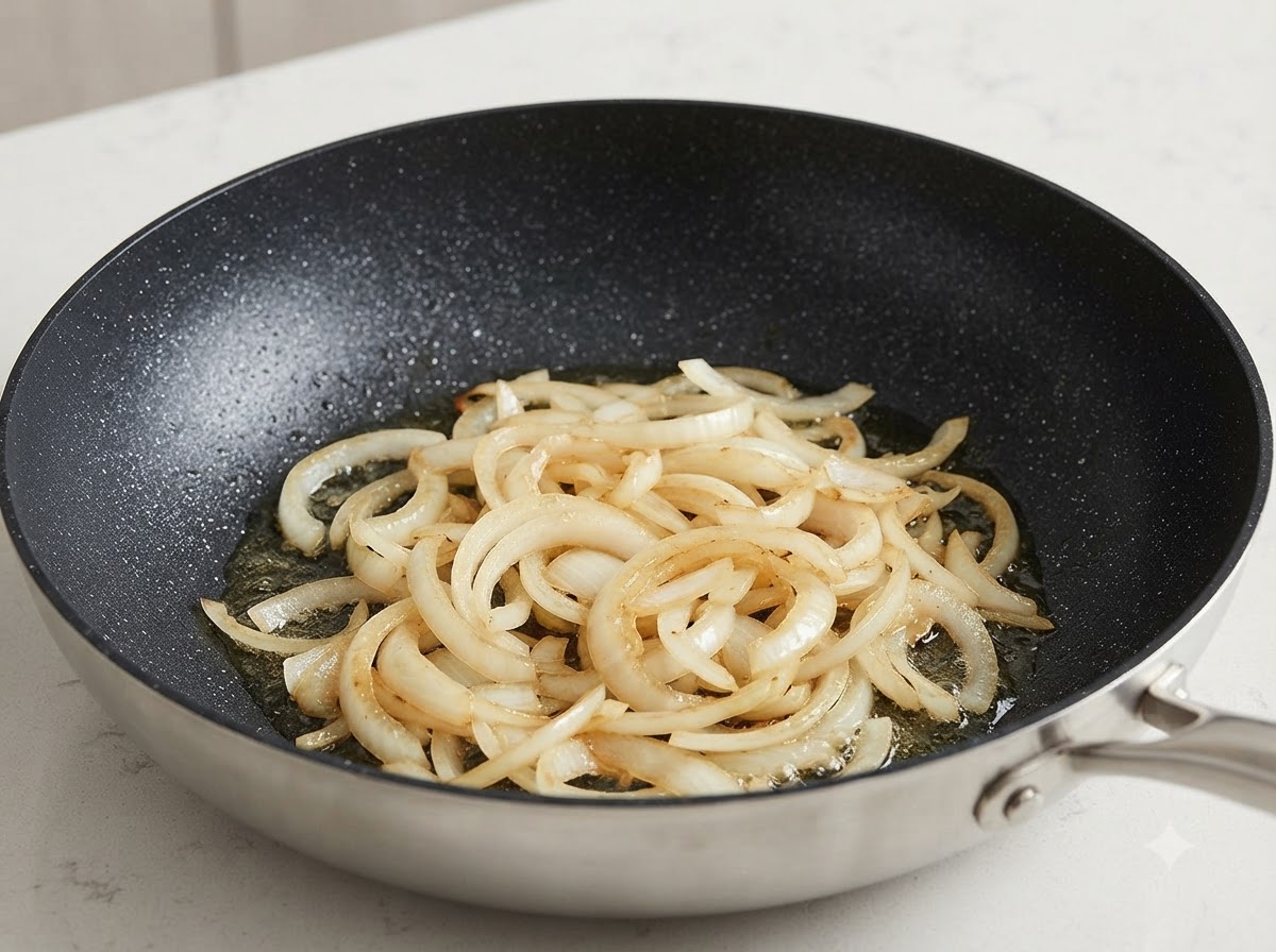 Zwiebelstreifen, die in einer Pfanne mit Öl weich gedünstet werden.