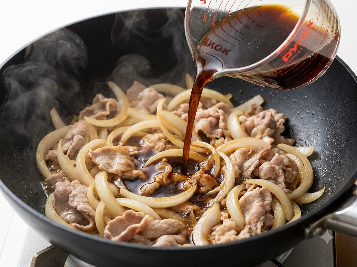 Teriyaki-Sauce wird aus einem Glasmessbecher in eine Pfanne mit Rindfleisch und Zwiebeln gegossen.