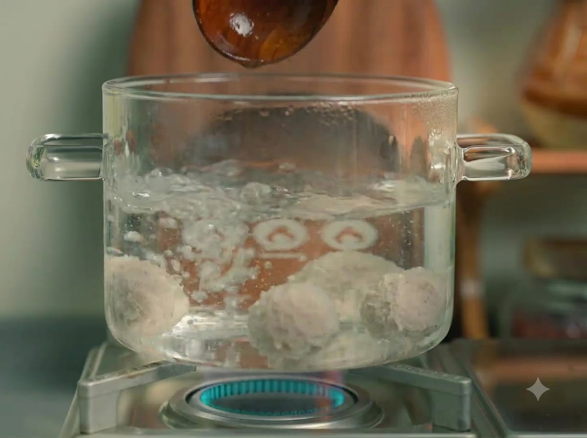 Schweinefleischbällchen kochen in einem gläsernen Topf auf der Herdplatte.