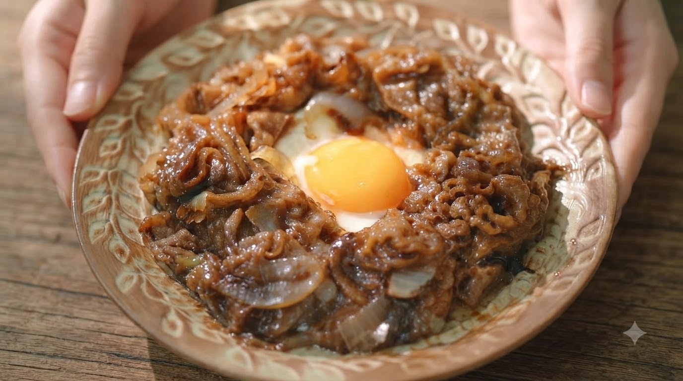 Nahaufnahme von oben auf eine Teriyaki-Rindfleisch-Bowl, liebevoll garniert mit einem frischen Eigelb.