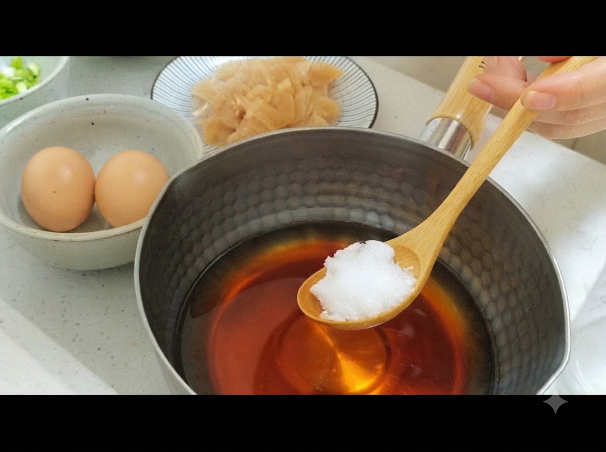 Ein mit weißem Zucker gefüllter Holzlöffel wird über einer gewürzten Brühemischung in einem Topf gehalten.