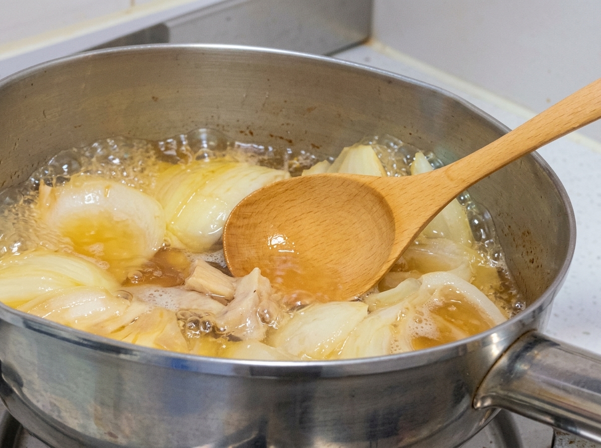 Ein Holzlöffel schöpft Schaum von einer blubbernden Brühe mit Hähnchen und Zwiebeln ab.