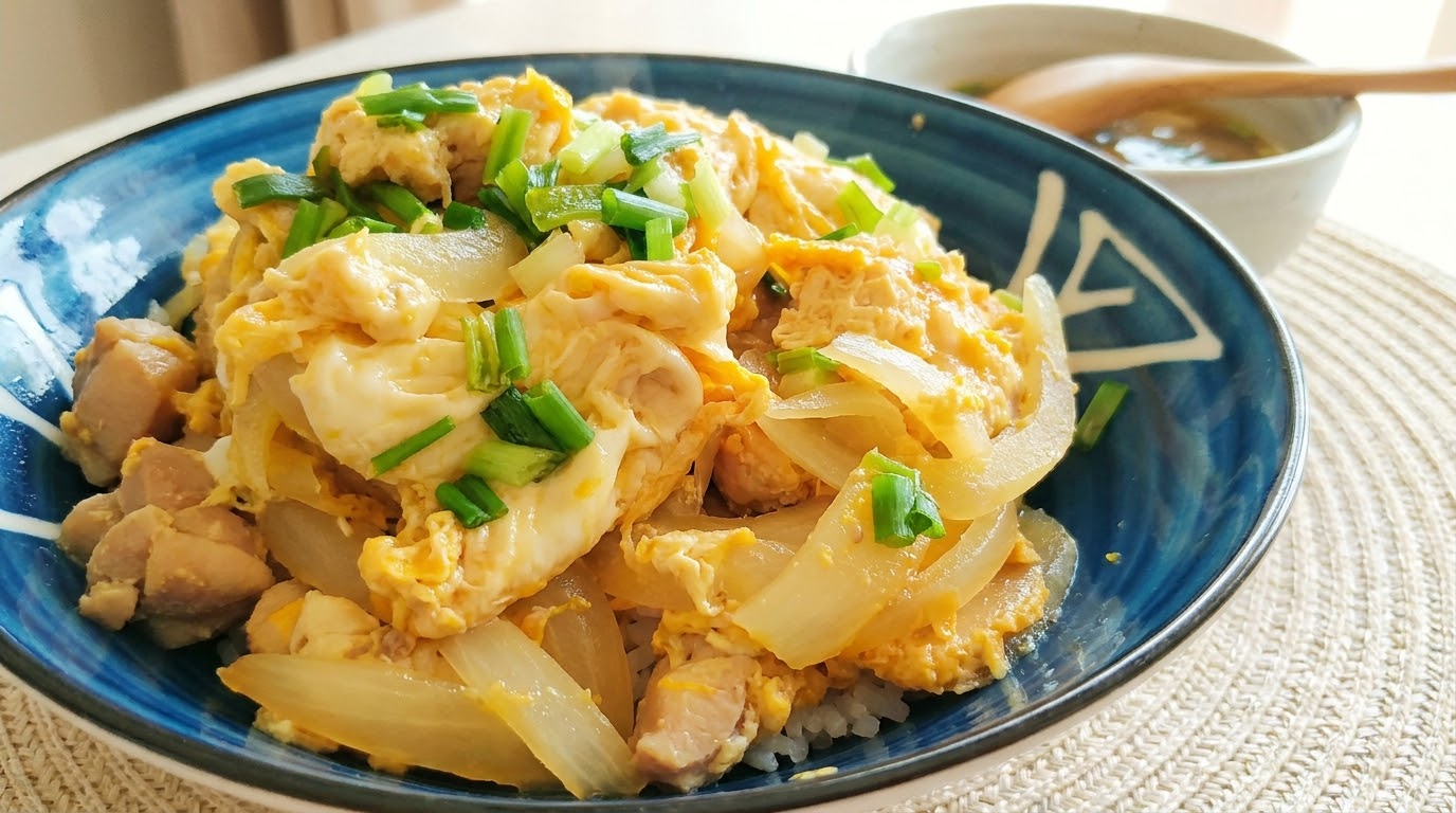 Eine frisch zubereitete Schüssel Oyakodon, garniert mit gehackten Frühlingszwiebeln, serviert in einer blau-weiß gemusterten Keramikschüssel.