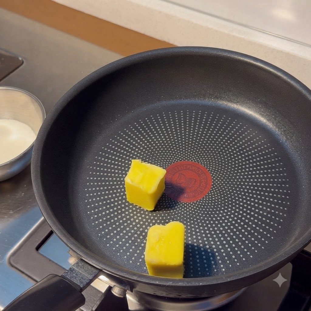 Butter schmilzt in einer schwarzen Antihaft-Bratpfanne auf dem Herd.