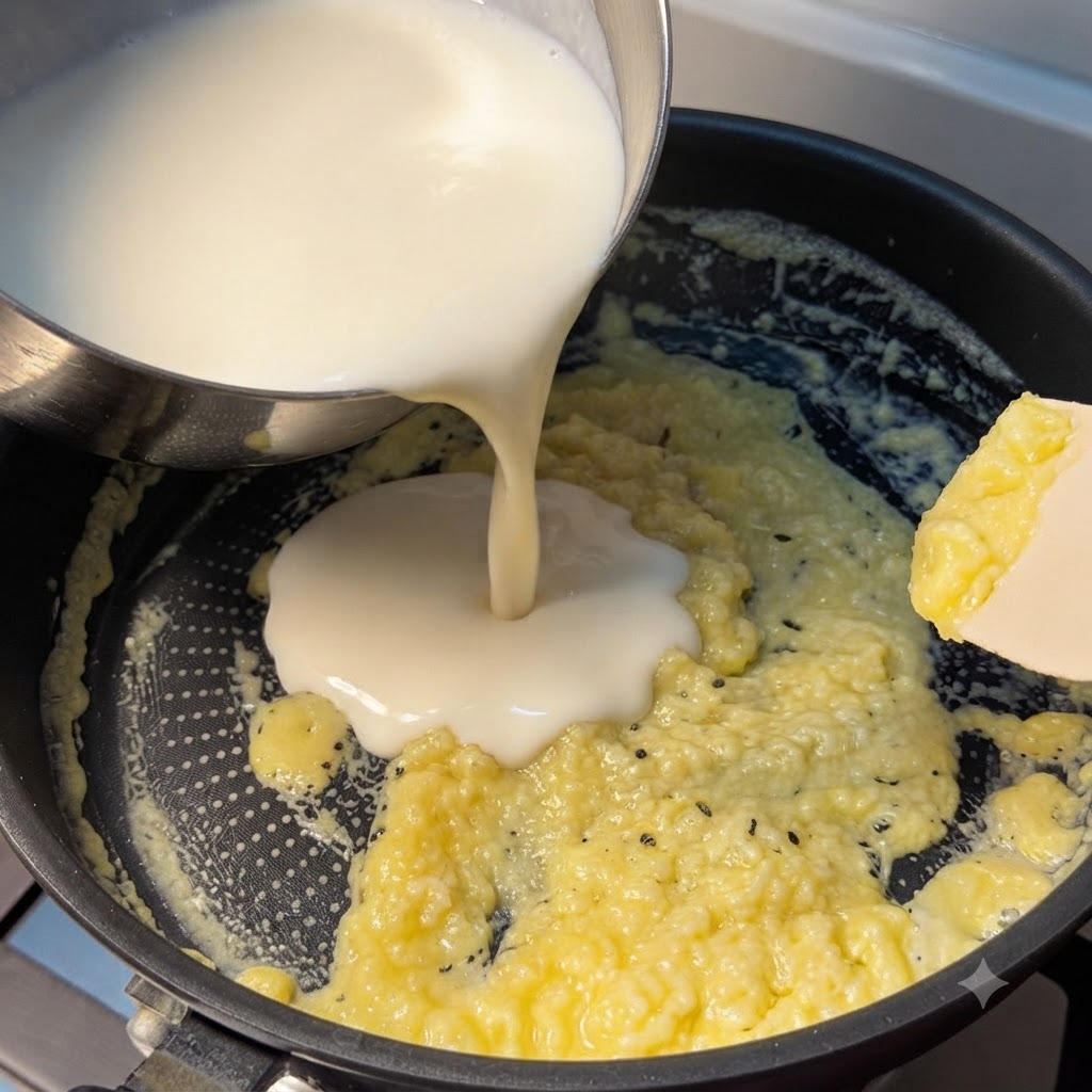 Warme Milch wird aus einem Stahlbehälter in eine Pfanne mit gelblicher Roux-Mischung gegossen.