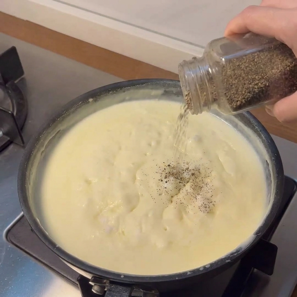 Schwarzer Pfeffer wird aus einem Glasgefäß auf eine cremige weiße Soße gestreut, die in einer Pfanne kocht.