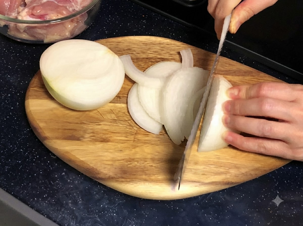 Eine Hand schneidet auf einem Holzschneidebrett mit einem Messer eine weiße Zwiebel in dünne Streifen.