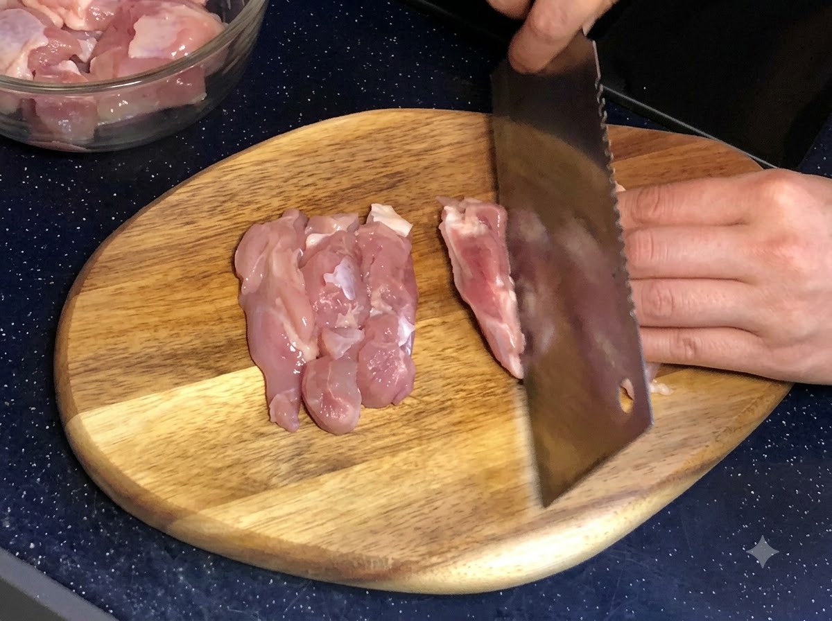 Hände schneiden rohes Hähnchenschenkelfleisch auf einem Holzschneidebrett mit einem Beil in kleine Stücke.