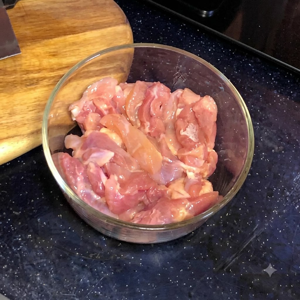 Mundgerechte Stücke rohen Hähnchenschenkelfleischs in einer runden Glasschüssel.
