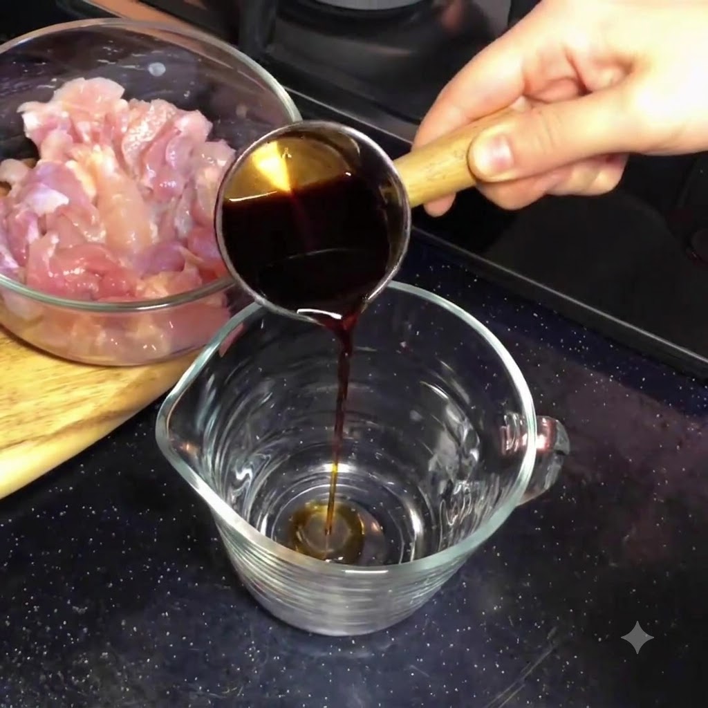 Dunkle Sukiyaki-Soße wird aus einem kleinen Messbecher aus Metall in einen größeren, klaren Glaskrug gegossen.