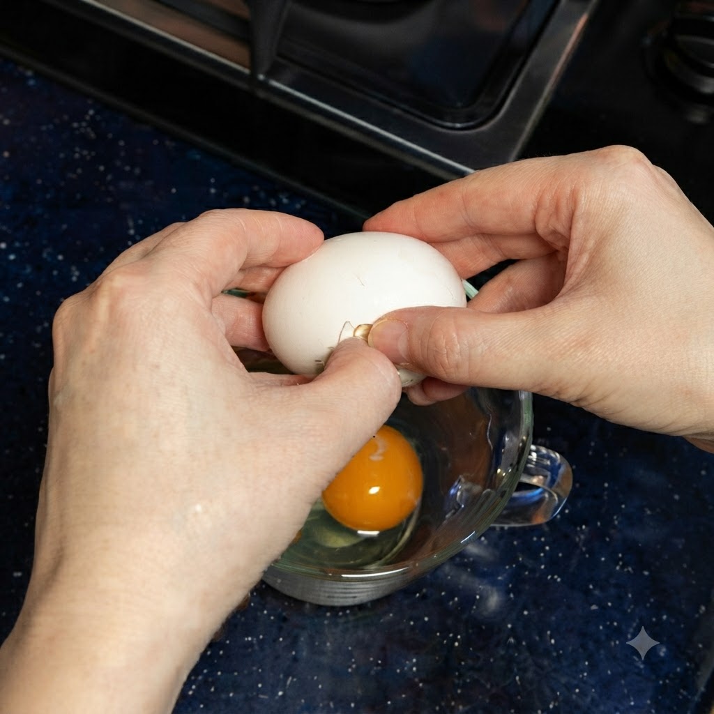 Hände schlagen ein weißes Ei in einen Messbecher aus Glas auf, der bereits ein rohes Eigelb und Eiweiß enthält.