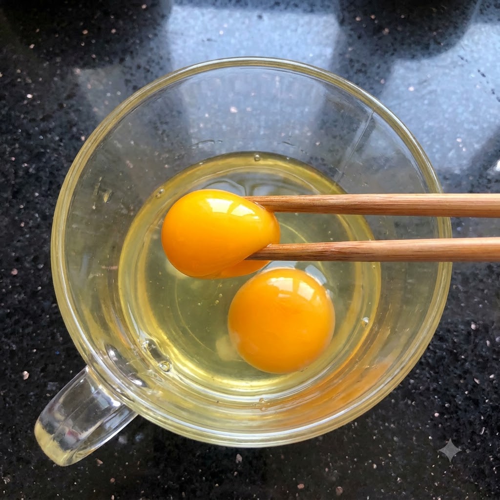 Zwei ganze Eigelbe ruhen in flüssigem Eiweiß in einem Glasbecher, gehalten von einem Paar Holzstäbchen.